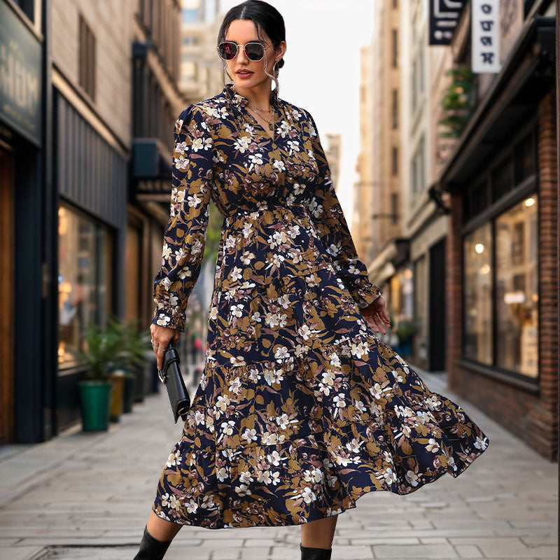 Women's Flowing Floral Midi Dress with V-Neck, Smocked Waistband, and Tiered Skirt Chichicherry