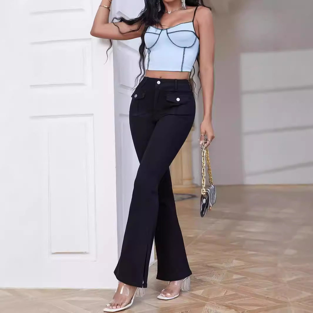 Women High-Waist Flared Trousers made of Stretch Denim with Pocket Flaps and Front Slit Chichicherry