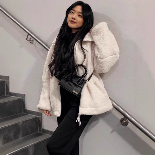 Women Wide Cut Teddy Fleece Jacket with High Standing Collar Chichicherry