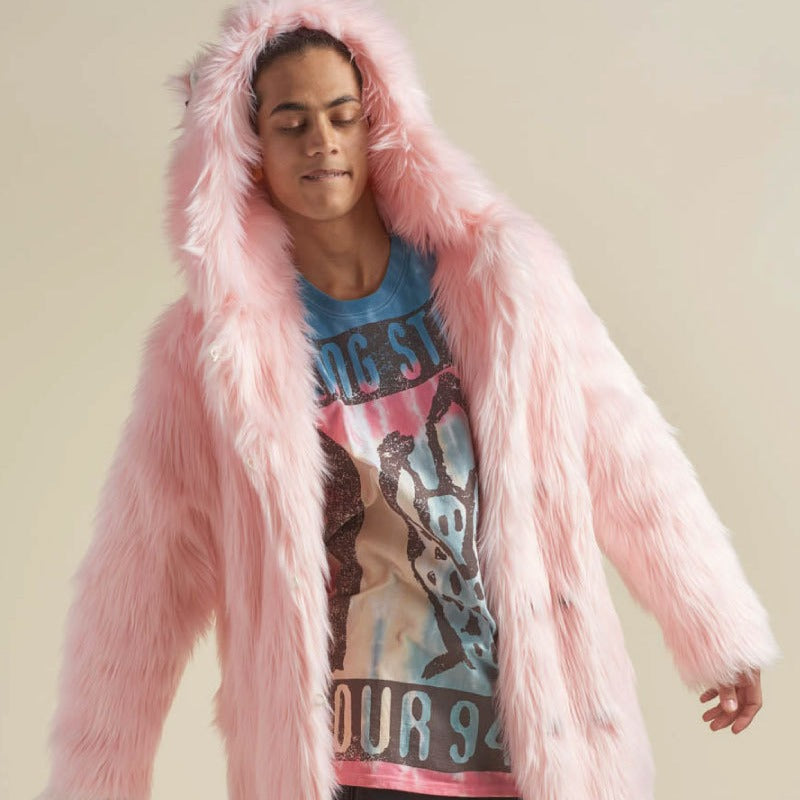 Women's Longer Hooded Faux Fur Coat with Animal Ears and Fluffy High Pile Chichicherry