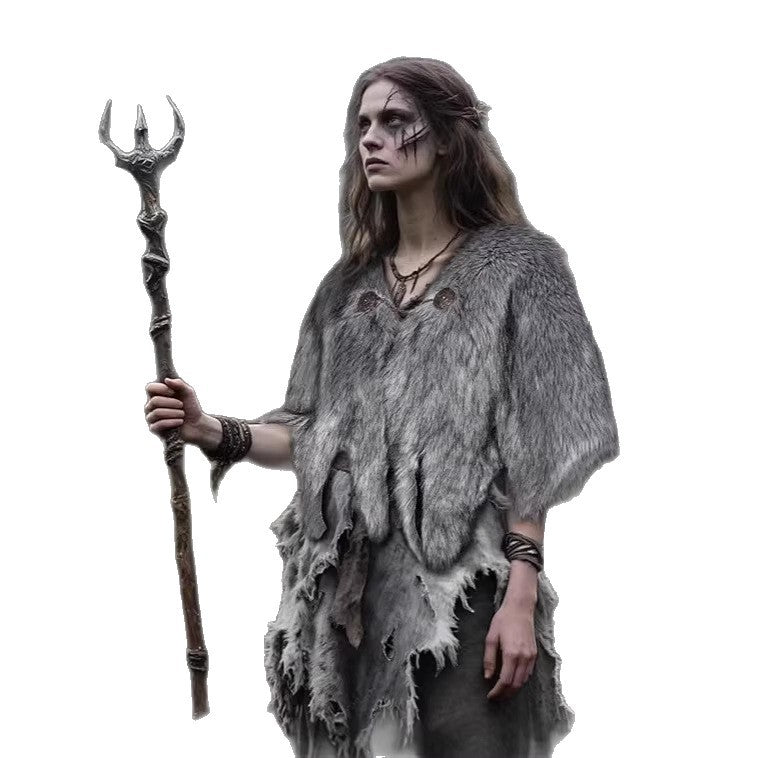 Ladies Viking-inspired Faux-Fur Cape with rustic fringe look and shoulder drape Chichicherry