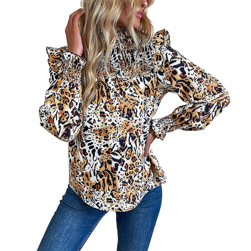 Women's Long-Sleeved Blouse Shirt with Smocked Collar, Ruffled Shoulders and Animal Print Chichicherry
