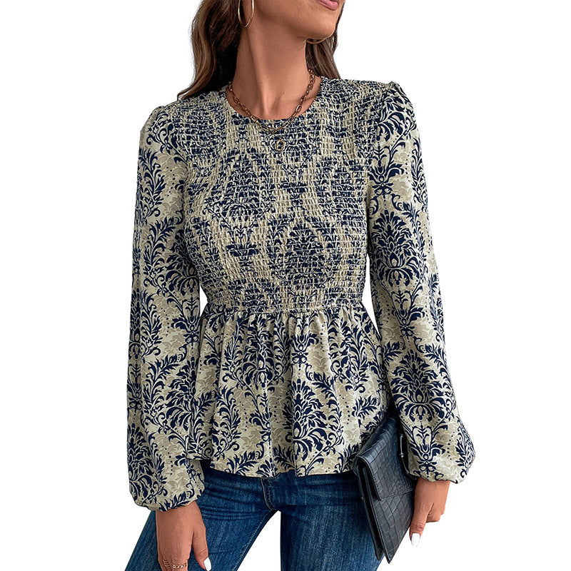 Women's smock blouse with gathering, balloon sleeves, and ornament print Chichicherry