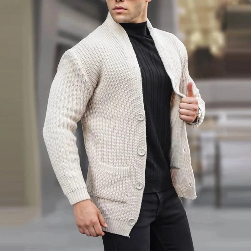 Men's chunky knit cardigan with shawl collar and patch pockets Chichicherry