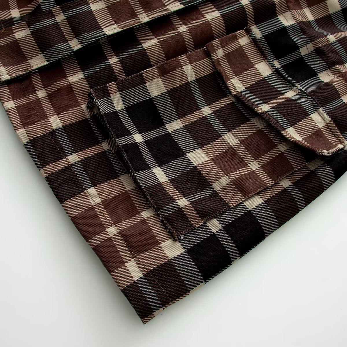 Women Checked Jacket with Faux Leather Collar, Drawstring Waist and Flap Pockets Chichicherry