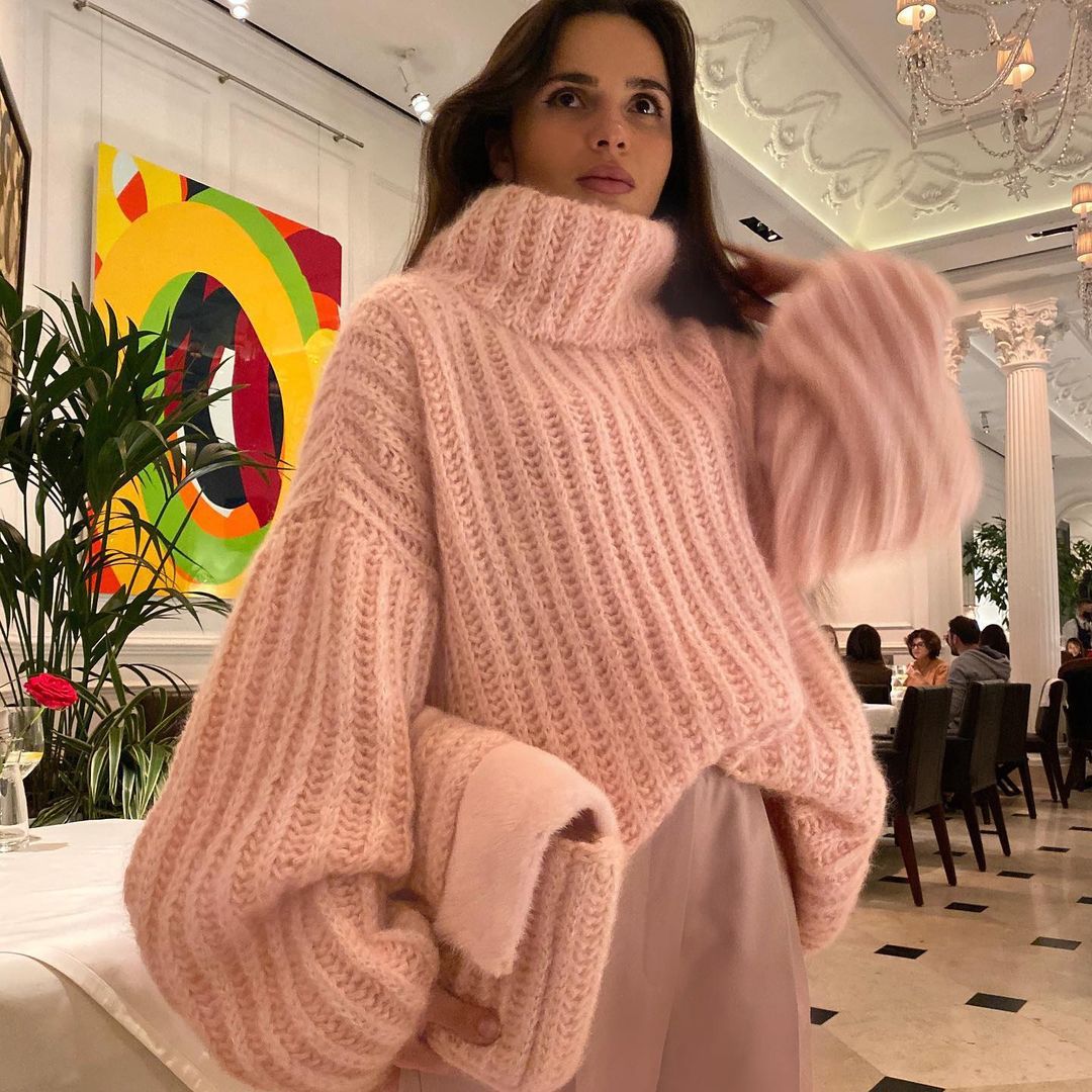 Damen Oversized Grobstrick-Rollkragenpullover mit voluminösen Ärmeln Chichicherry