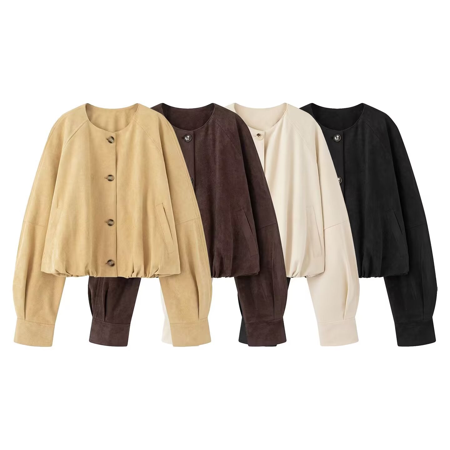 Women's short jacket in velour look with round neckline, balloon sleeves, and elastic hem Chichicherry