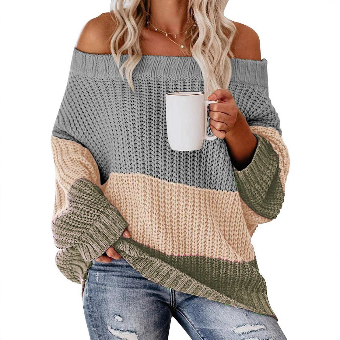 Women's Off-shoulder Oversize Block Stripe Knit Sweater Chichicherry