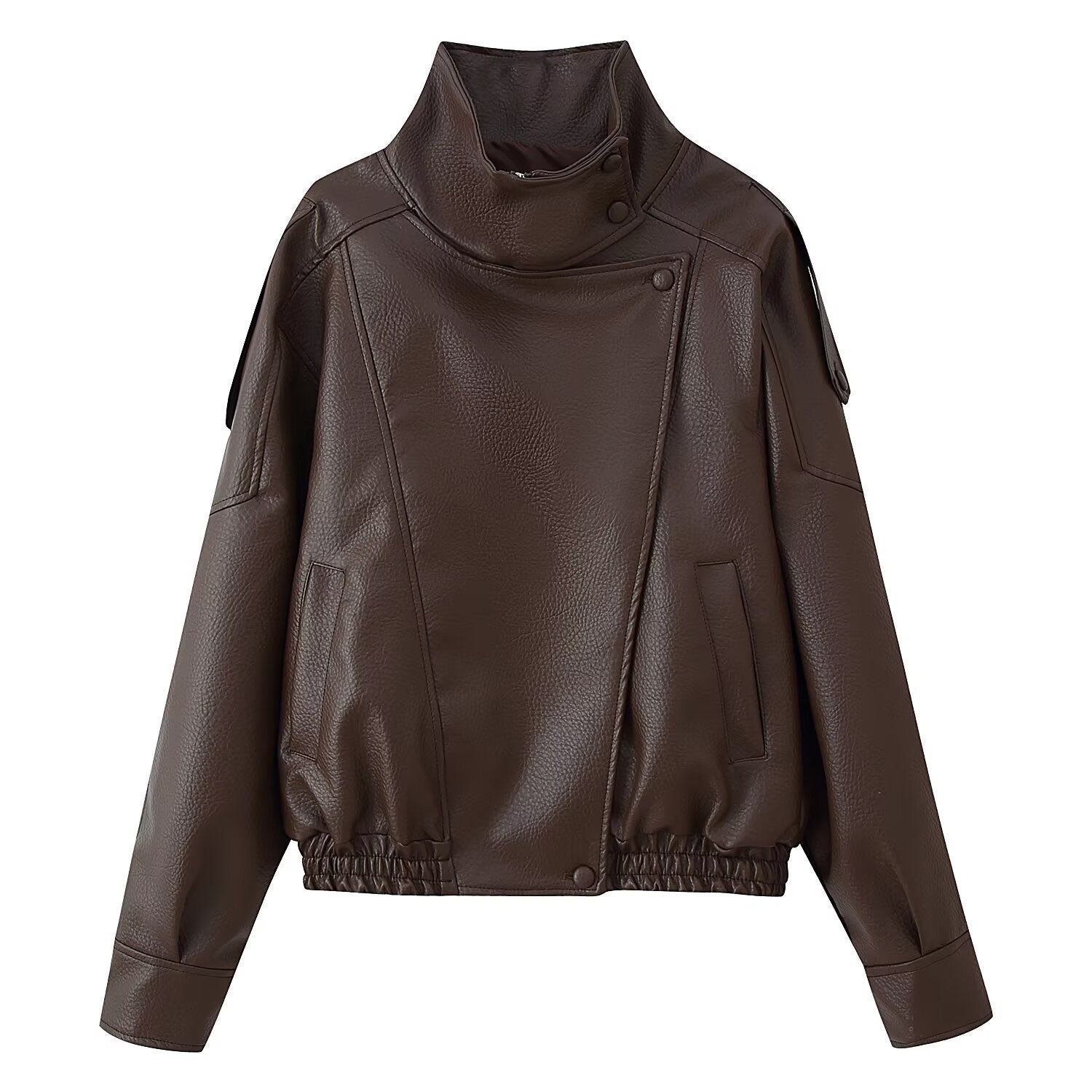 Women's Short Cut Faux Leather Bomber Jacket with High Stand Collar, Asymmetric Snap Button Placket and Elastic Hem Chichicherry