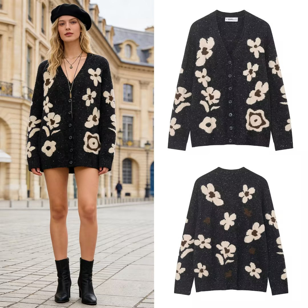 Women's Short Cardigan with Leopard Print and Pearl Flower Buttons Chichicherry
