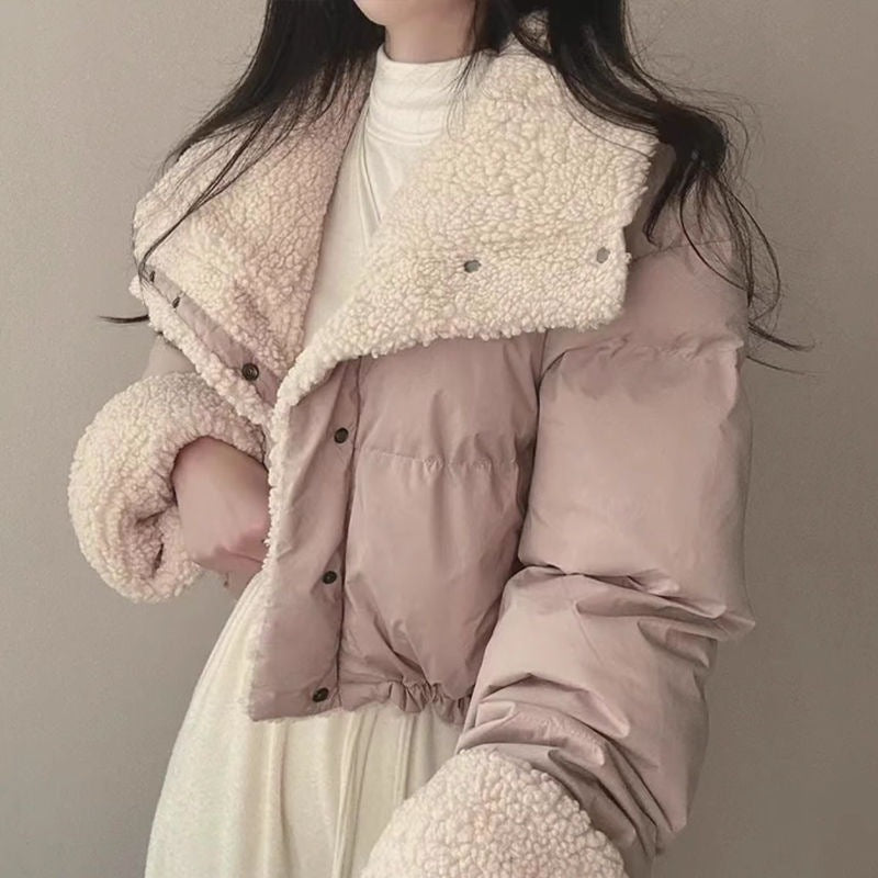 Women's short quilted puffer jacket with teddy collar, roll-up sleeves, and drawstring hem Chichicherry
