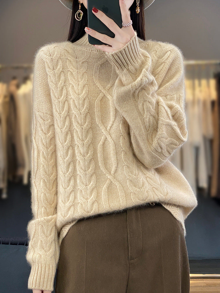 Women's Oversized Cable Knit Sweater with Mohair Look and Ribbed Cuffs Chichicherry
