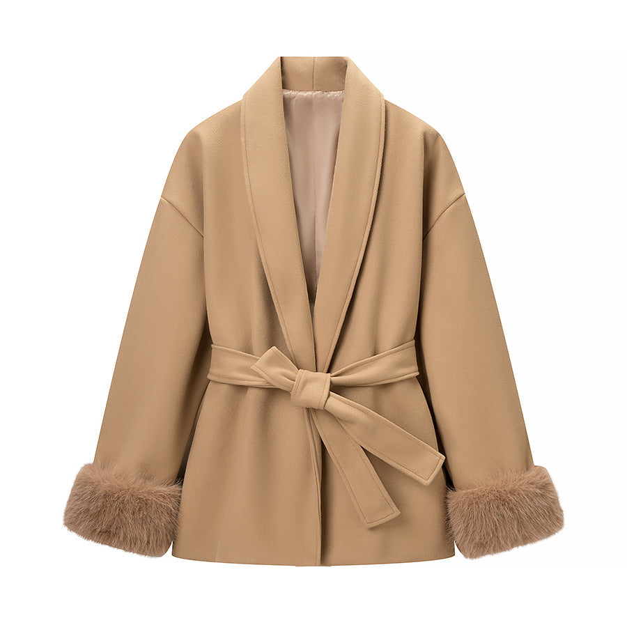 Women’s Wrap Coat with Tie Belt and Fur Trim on the Sleeves Chichicherry