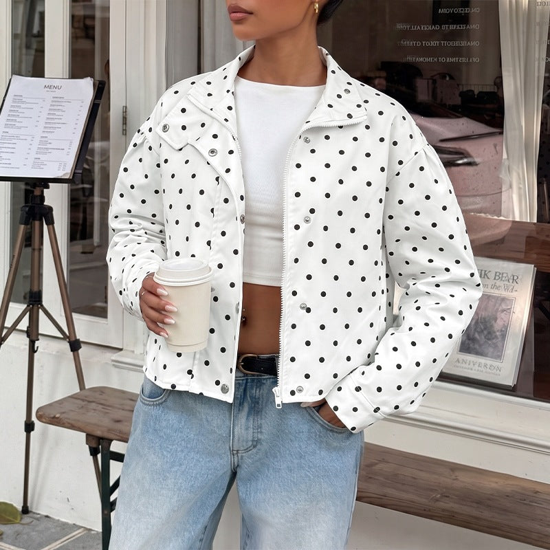 Women's short cut polka dot transitional jacket with stand-up collar and snap button closure Chichicherry