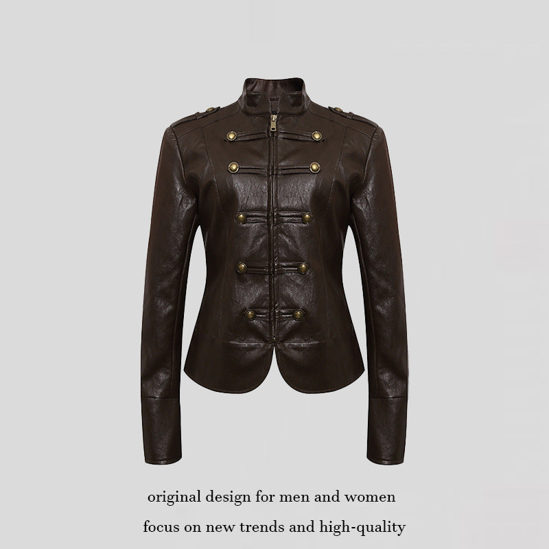 Women’s fitted leather jacket in military style with stand-up collar and decorative button placket Chichicherry