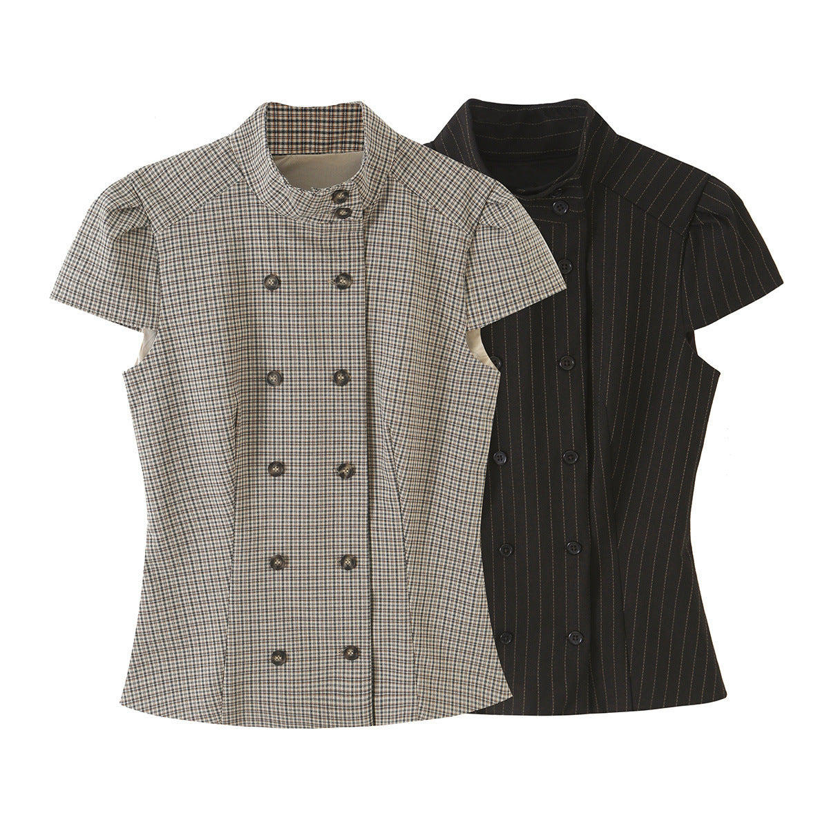 Women Tailored Short Sleeve Waistcoat with Pinstripes and Double Button Placket Chichicherry