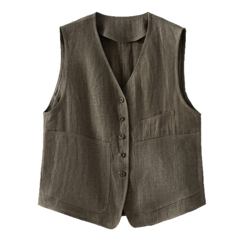 Women's Lightweight Linen Utility Look Vest with V-Neck and Large Patch Pockets Chichicherry