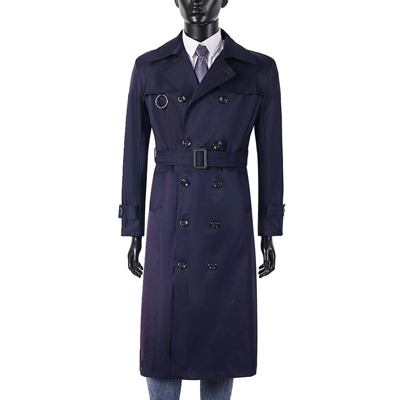Men's double-breasted trench coat with waist tailoring, lapel collar, and decorative metal ring Chichicherry