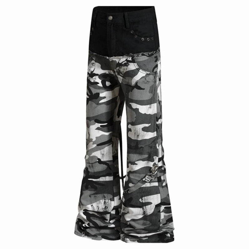 Ladies Wide High-Waist Cargo Pants in Camouflage Look with Bondage Straps Chichicherry