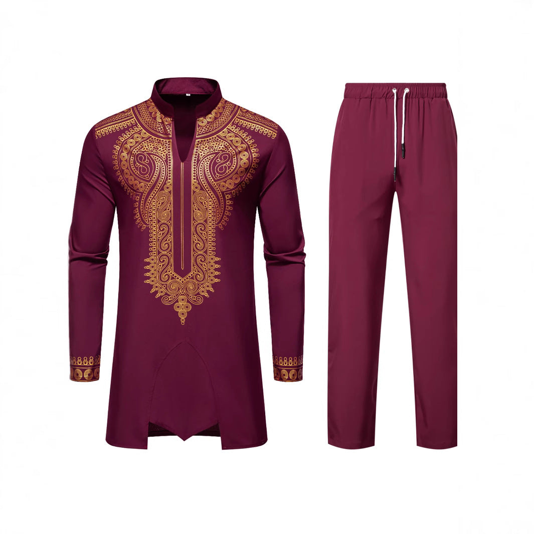 Men's Traditional Embroidered Tunic Set with Mandarin Collar and Elastic Pants Chichicherry
