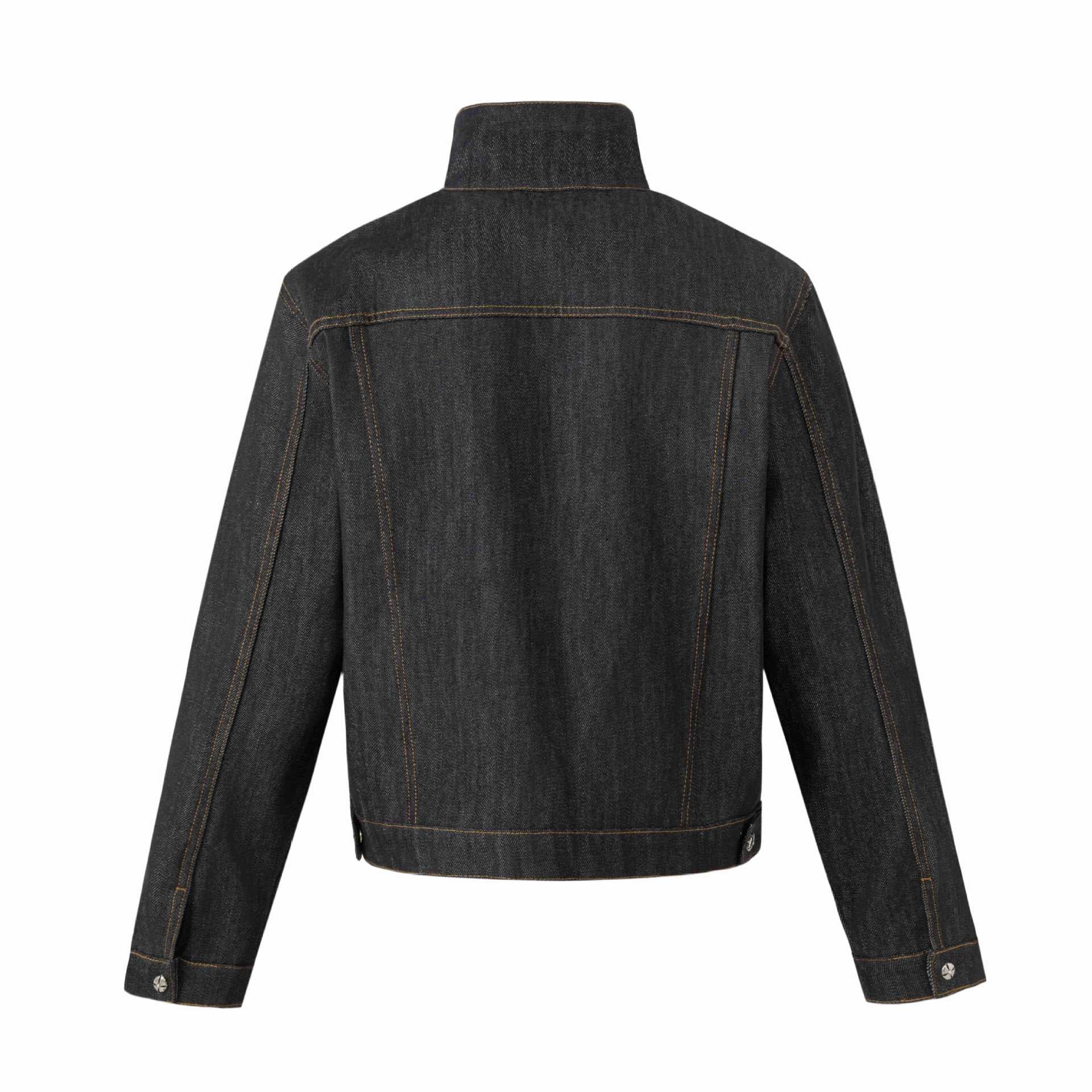 Unisex Short Cut Denim Jacket with High Stand-Up Collar and Decorative Seams Chichicherry