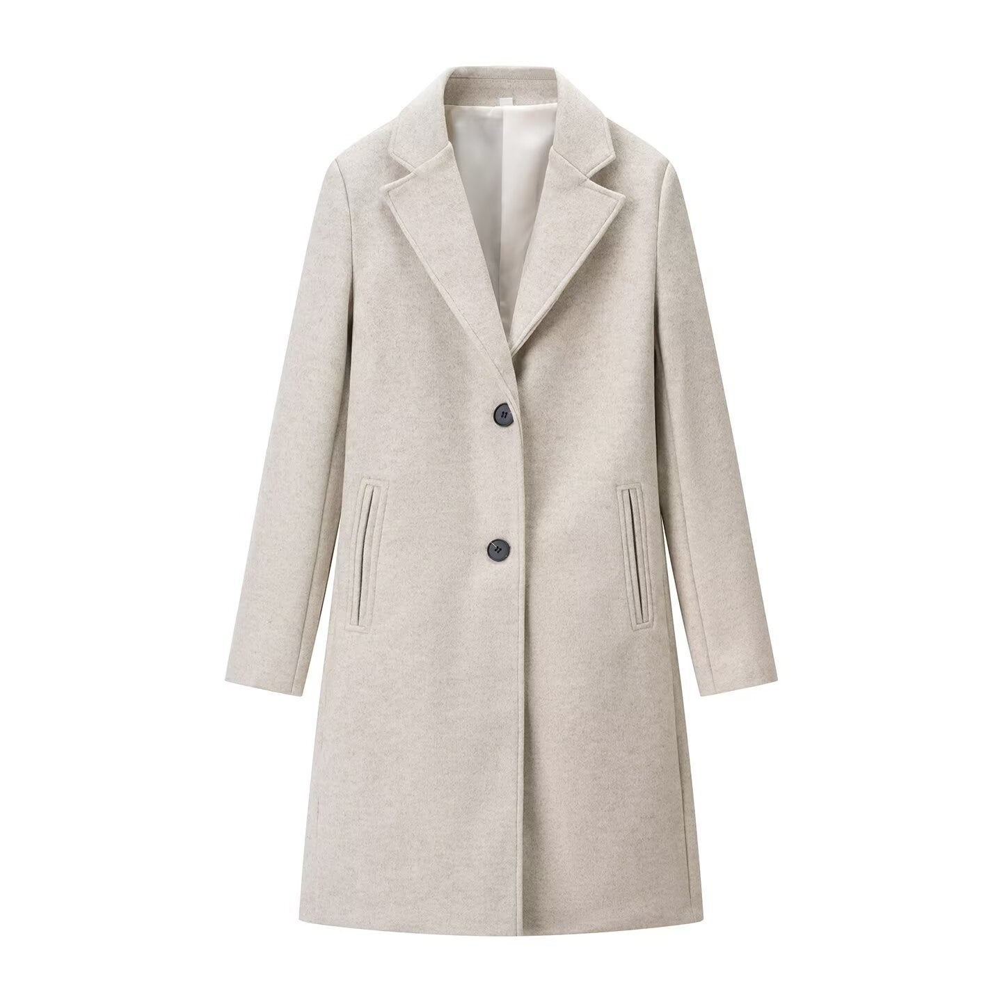 Ladies Elegant Longline Wool Blend Coat with Notched Collar and Welt Pockets Chichicherry