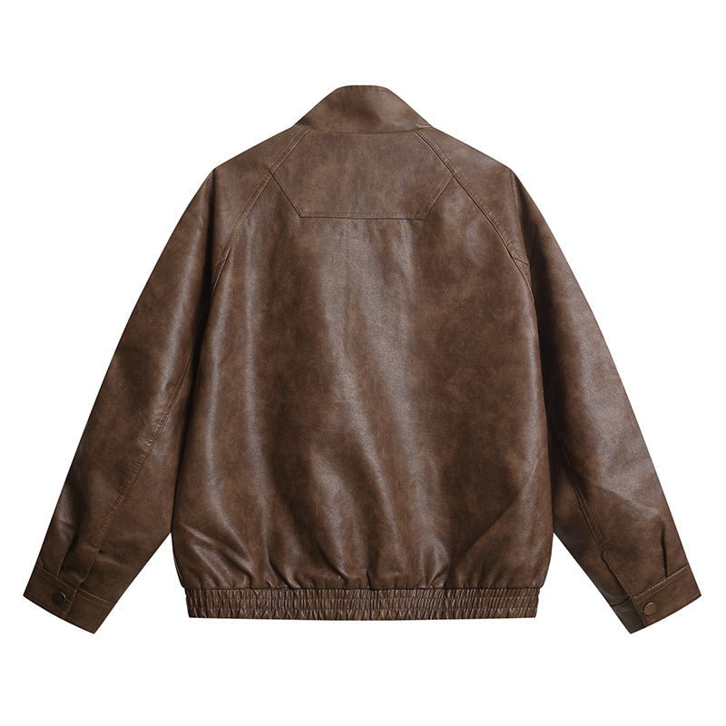 Men's leather-like bomber jacket with stand-up collar, concealed snap button placket, and elastic hem