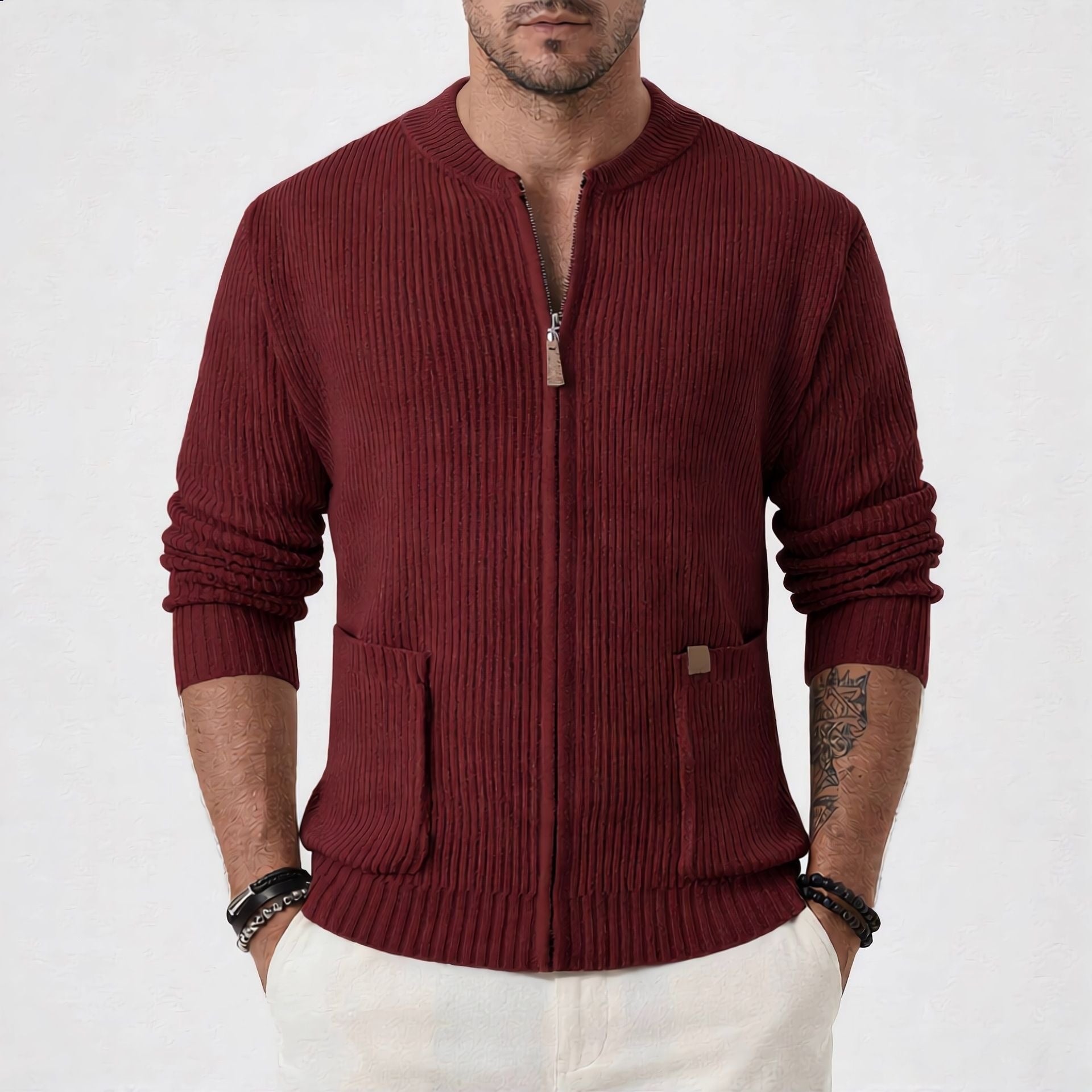 Men's ribbed cardigan with front zipper and patch pockets Chichicherry