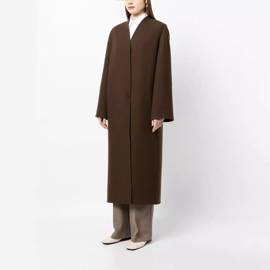 Women's Maxi-Length Minimalist Coat with Concealed Front and Boxy Shoulder Chichicherry