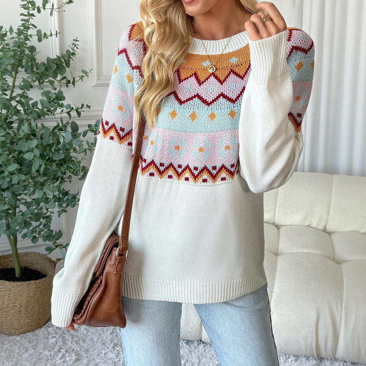Women's Fair-Isle Knit Sweater with Round Neck, Long Sleeve & Relaxed Fit Chichicherry
