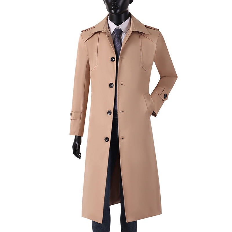Men's Long Cut Trench Coat with Classic Lapels and Water-Repellent Finish Chichicherry