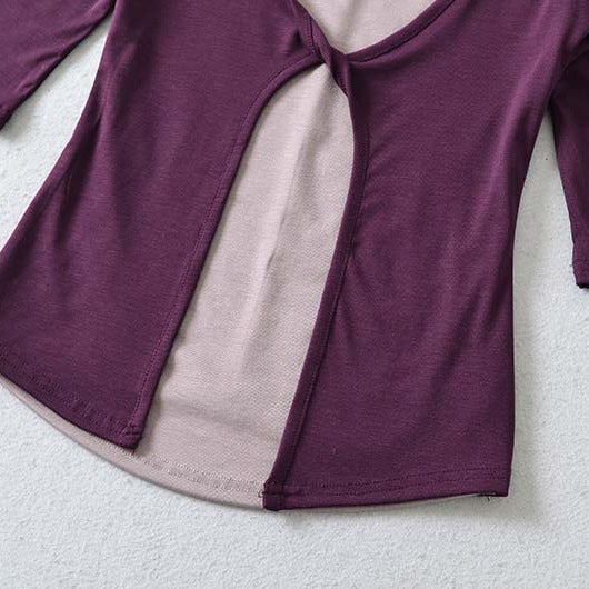 Women Layered Look Shirt with Knot Front, Three-Quarter Sleeves and Integrated Under Top Chichicherry