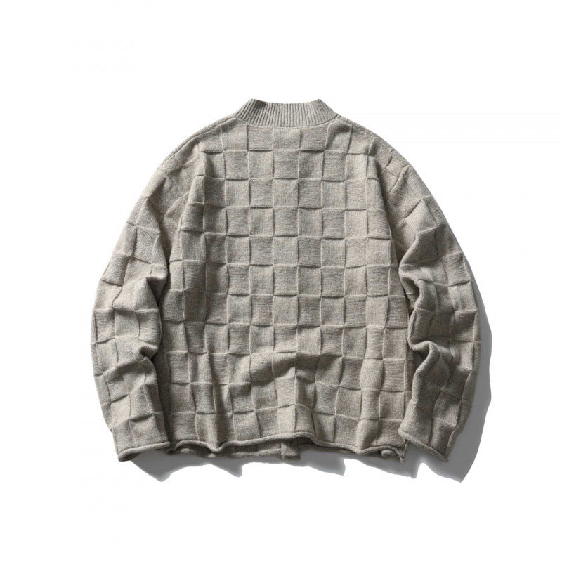 Unisex Structured Boxy Cardigan with Check Pattern Chichicherry