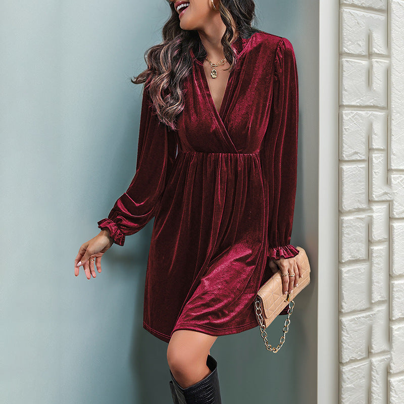Women's Festive Velvet Mini Dress with Wrap V-Neck, Tailored Gathering and Voluminous Balloon Sleeves Chichicherry
