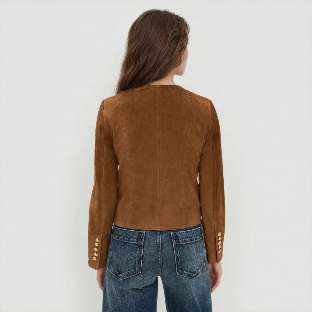 Women's Tailored Suede Look Jacket with Stand-Up Collar and Decorative Button Placket Chichicherry