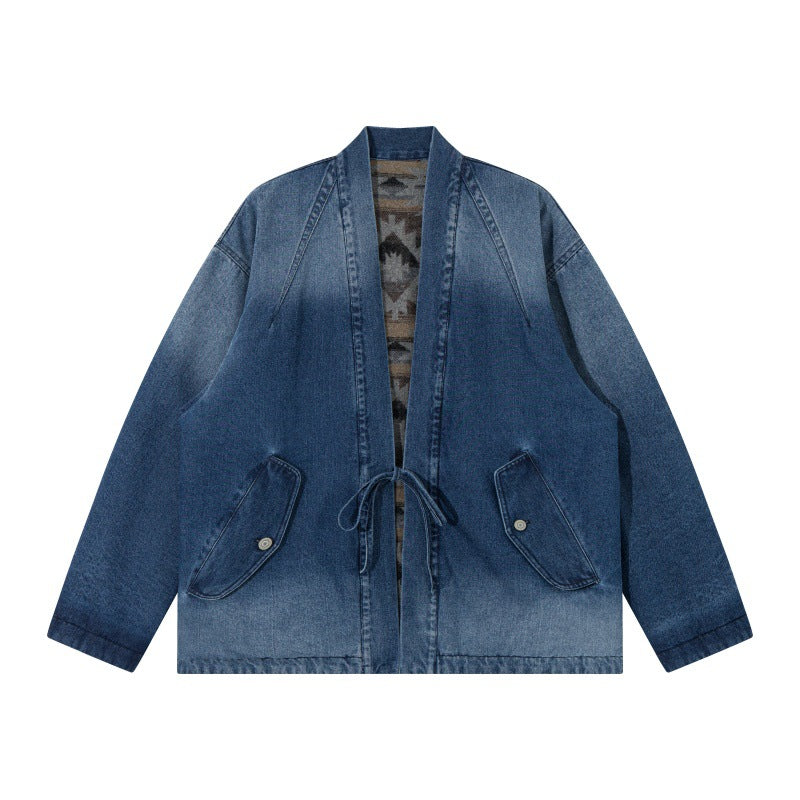 Unisex Jeans Kimono Jacket with Tie Belt and Patterned Lining Chichicherry
