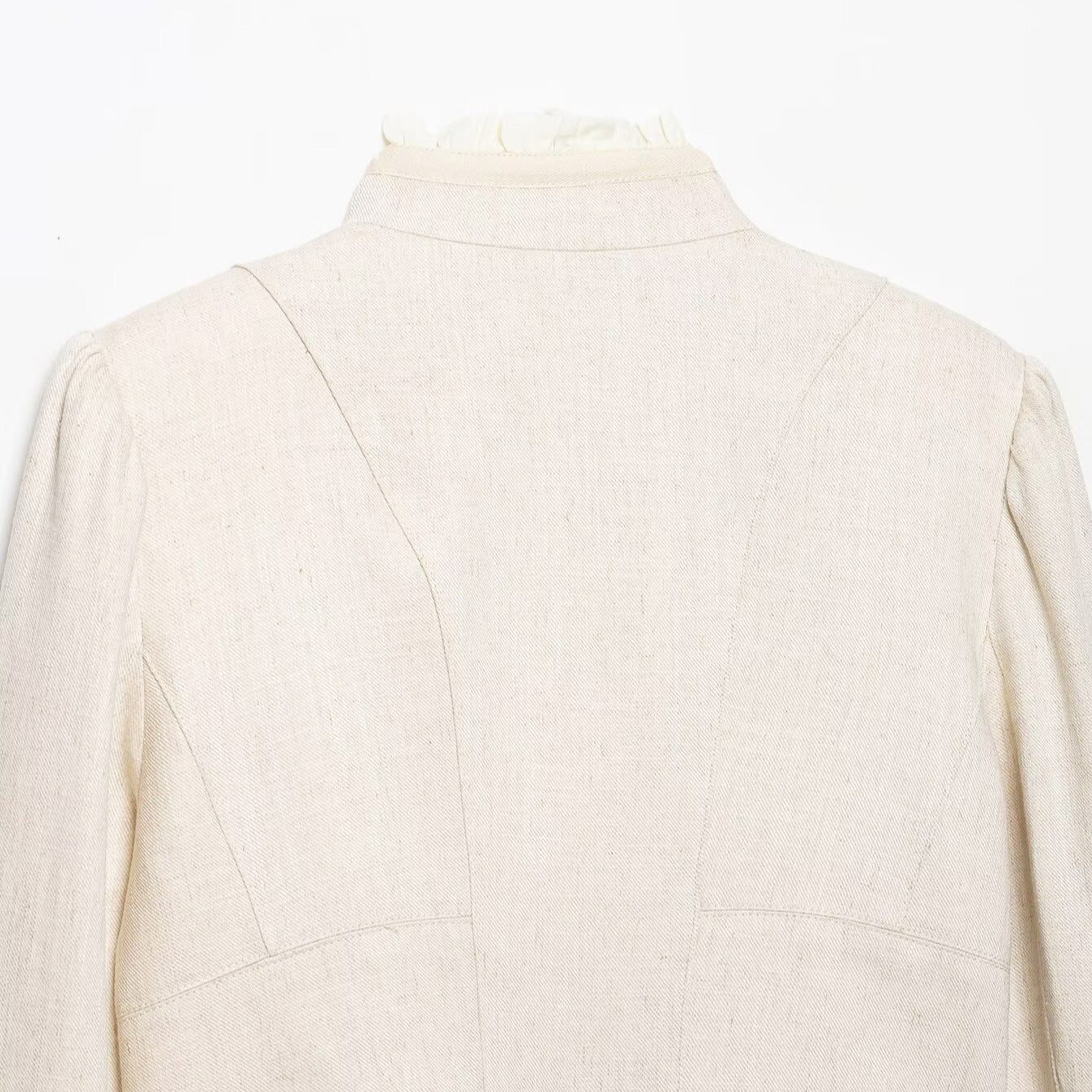 Women Cropped Jacket with Stand Collar, Pleated Sleeves and Ruffle Trim Chichicherry