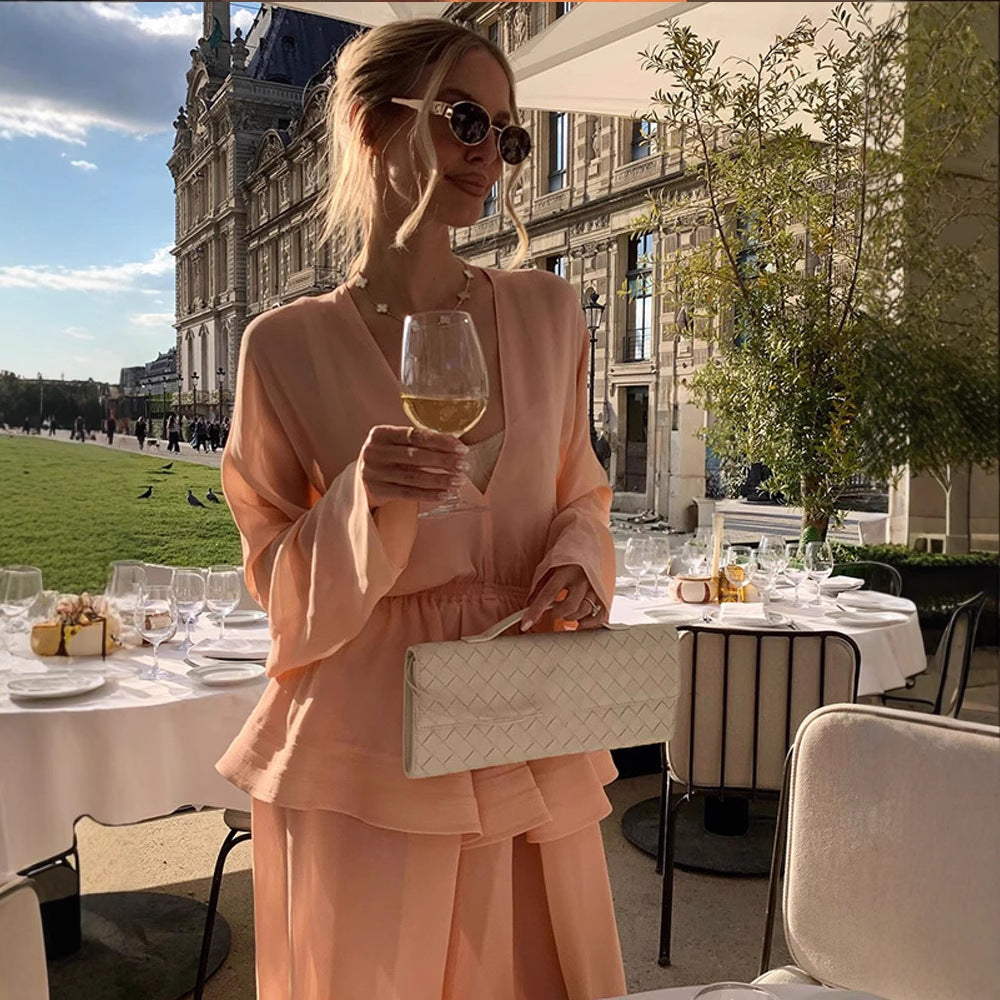 Women Two-Piece Chiffon Set with V Neck, Voluminous Sleeves and Pleated Maxi Skirt Chichicherry