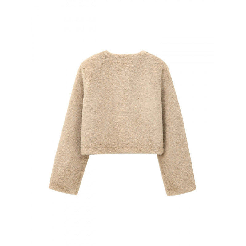 Women's Cropped Teddy Jacket with Straight Hem, Round Neck and Horn Button Closure Chichicherry