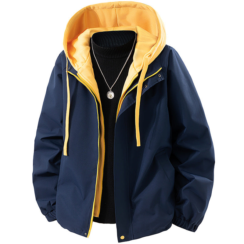 Men's Two-Layer Windbreaker Hooded Jacket with Contrast Lining and Concealed Zipper Chichicherry