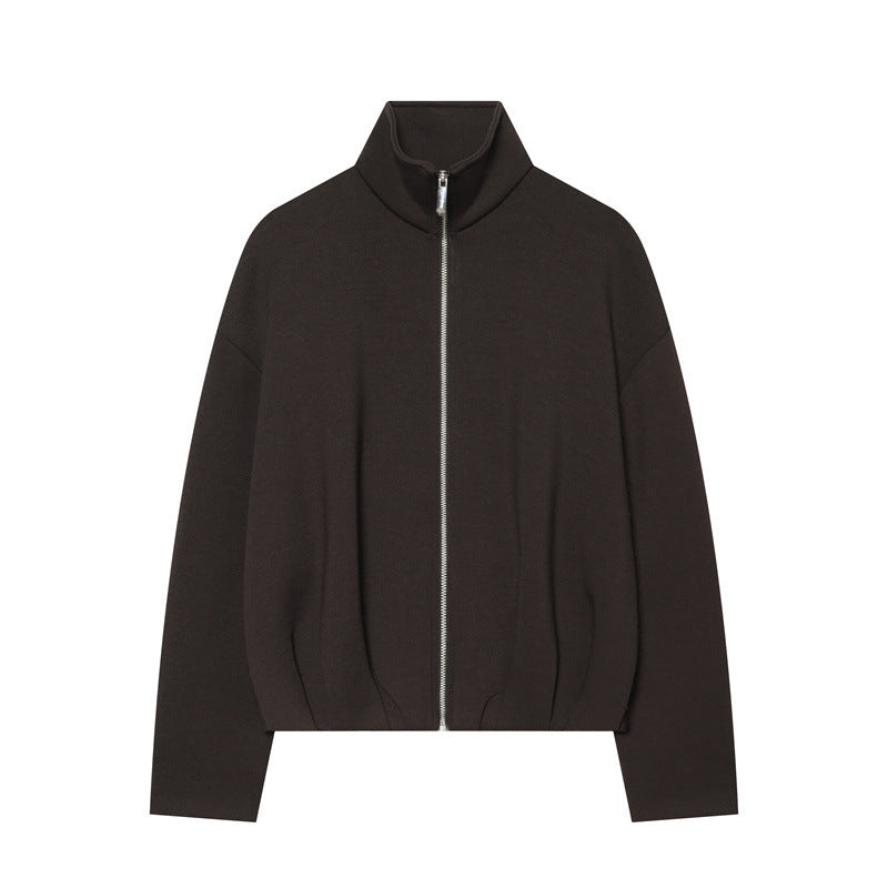 Women Boxy Cropped Stand Collar Cardigan with Full Zip and Dropped Shoulder Chichicherry