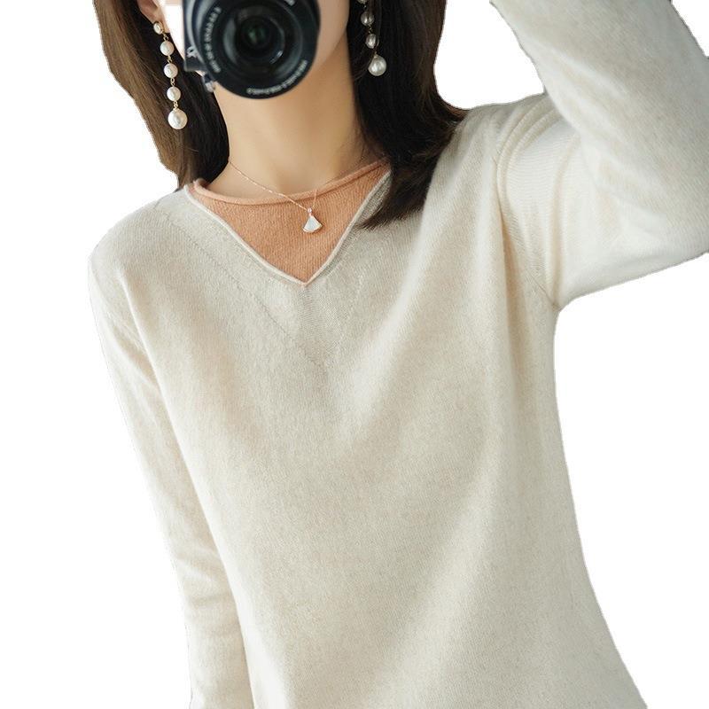 Women Soft V-Neck Sweater in Cashmere Look with Contrasted Border Decoration Chichicherry