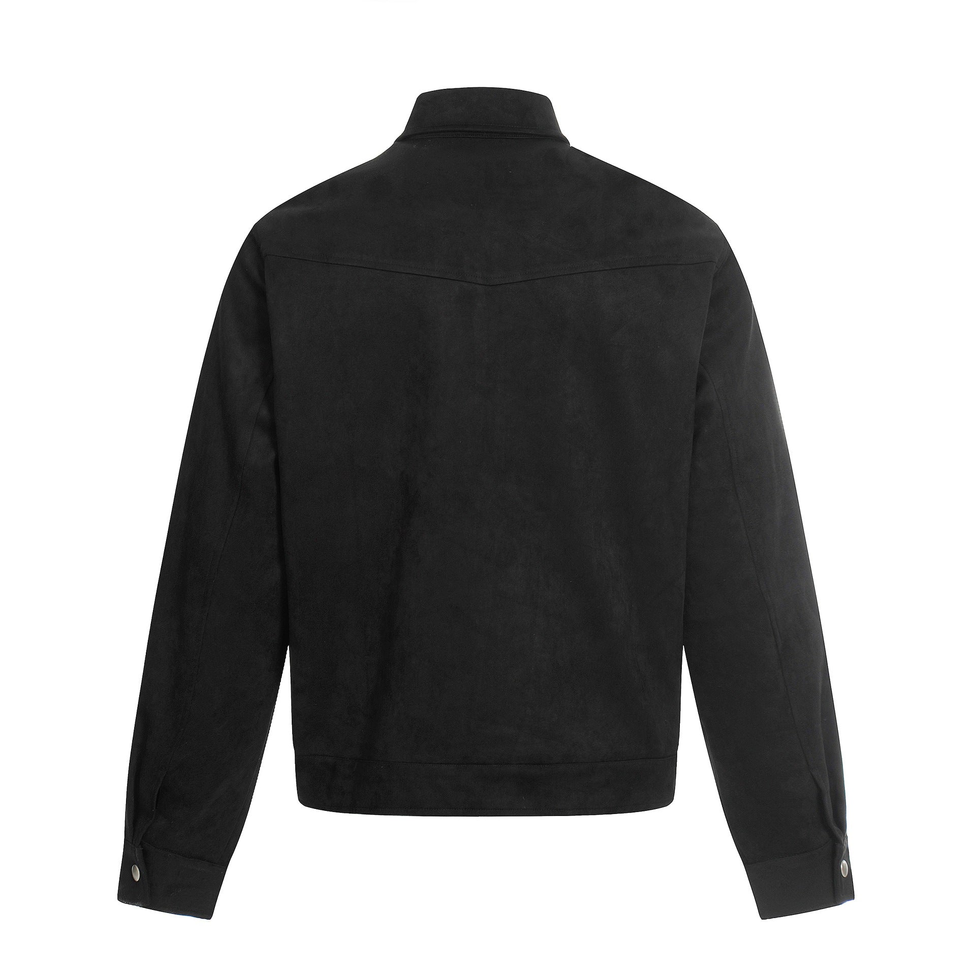 Men's short-cut suede leather blouson with stand-up collar, decorative embroidery, and toggle closure Chichicherry