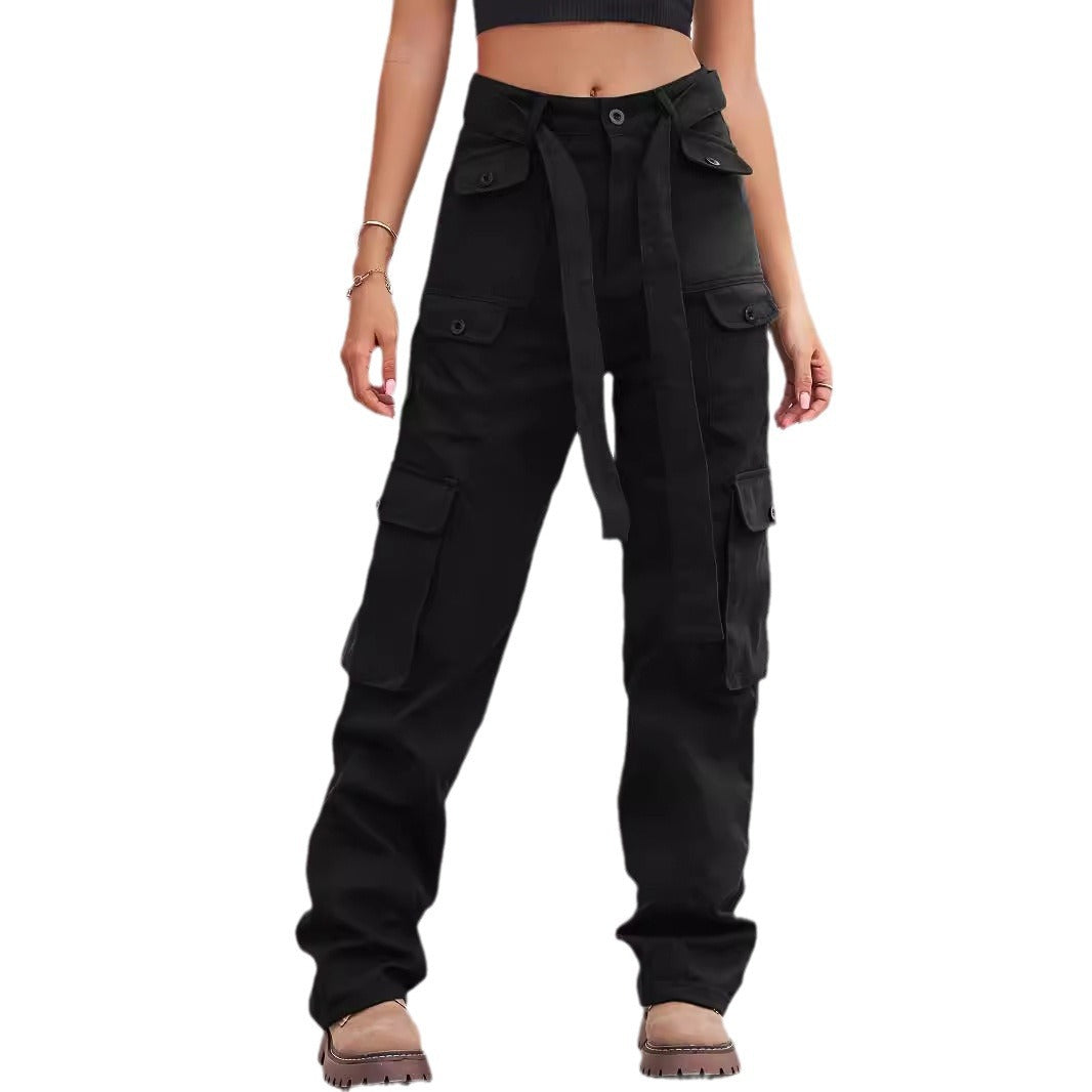 Ladies cargo pants with high waist, tie belt, and multiple flap pockets Chichicherry