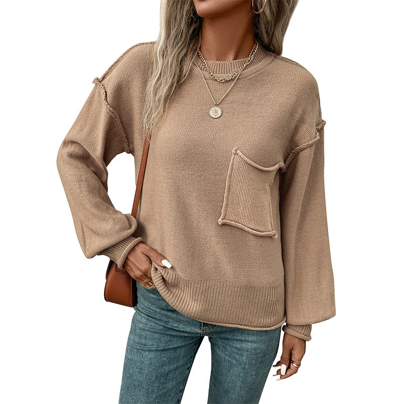 Women's Oversize Round Neck Knitted Sweater with Patch Chest Pocket and Fringed Hem Seam Chichicherry