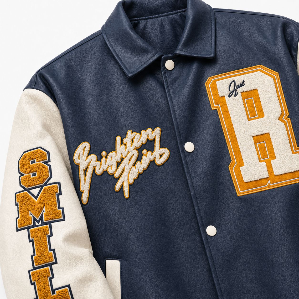 Men's college jacket in letterman style with faux leather body, contrast sleeves, and chenille patches Chichicherry