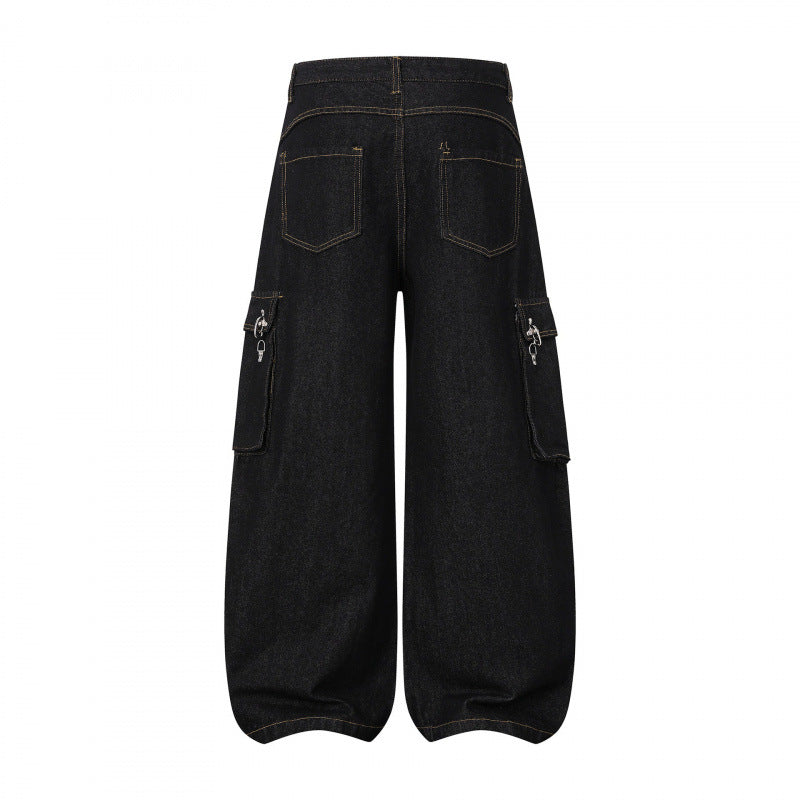 Women Balloon-shaped Cargo Jeans with High Waist, Wide Leg and Flap Pockets Chichicherry