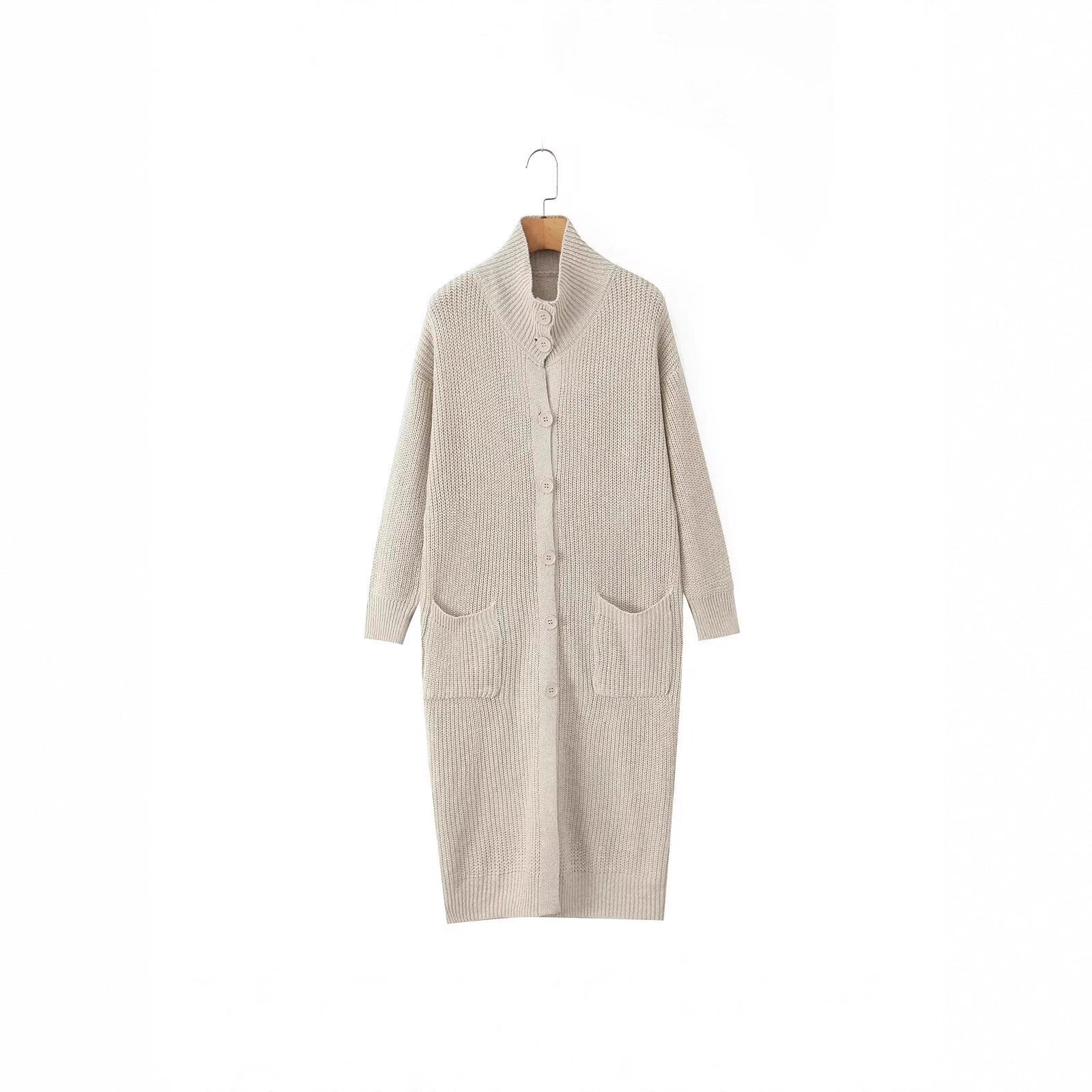 Women Long Chunky Knit Cardigan with Shawl Collar, Button Placket and Patch Pockets Chichicherry