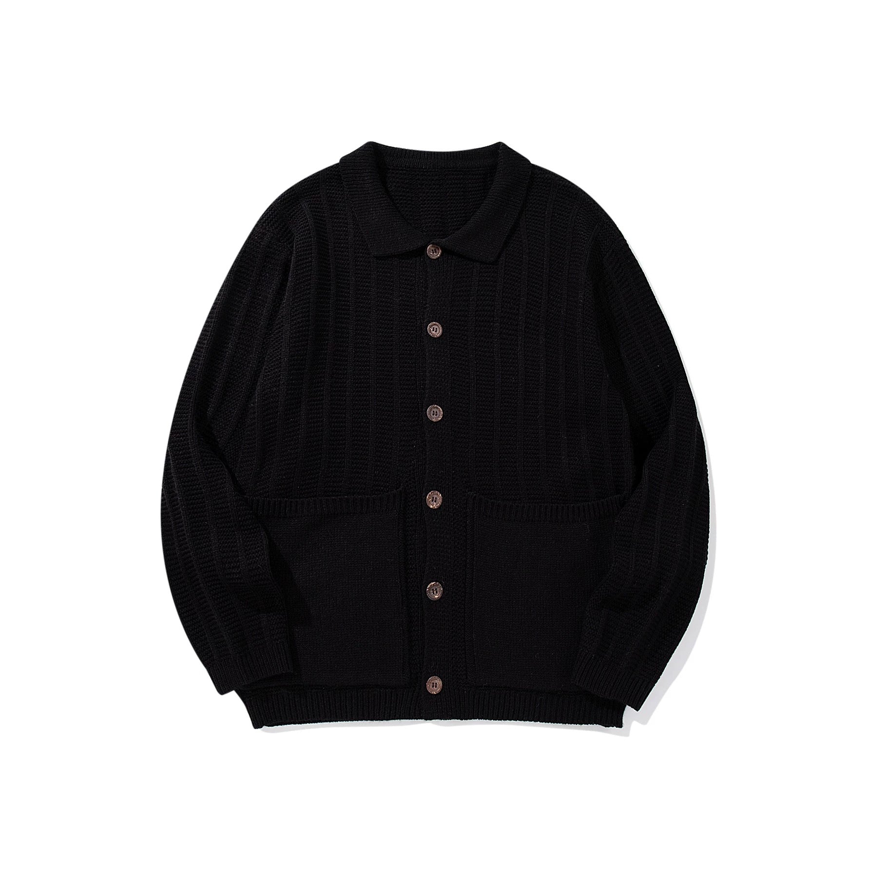 Unisex Textured Knit Cardigan with Shirt Collar and Patch Pockets Chichicherry
