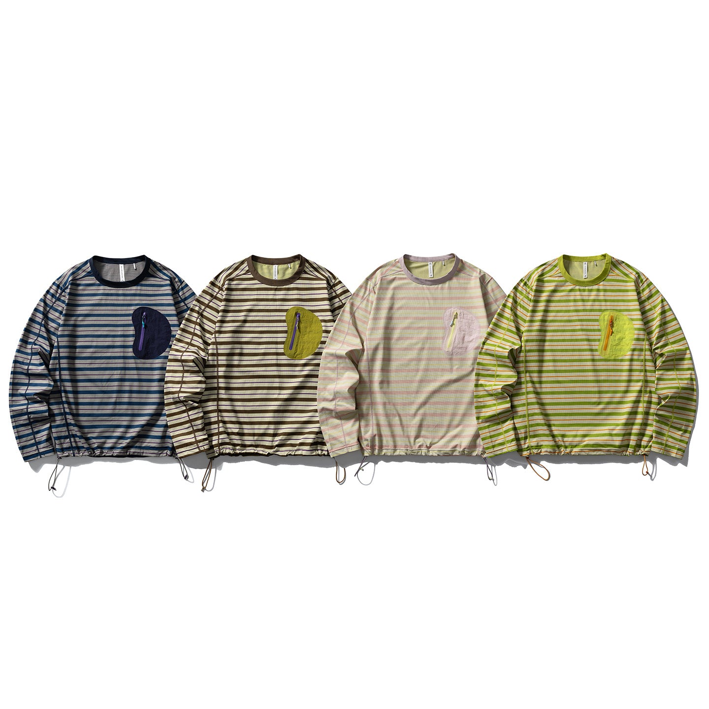 Unisex Long-Sleeve Striped Performance Sweatshirt with Chest Zipper Pocket and Drawstring Hood